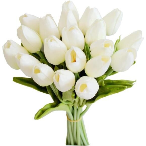 Fake Tulips White Silk 20pcs 13.5" Tall x 1.5" Flower Heads = Mini tulips - Picture 1 of 7